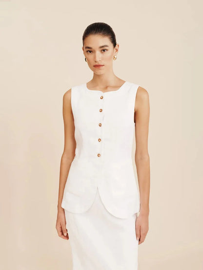 Conjunto de dos piezas en lino con chaleco sin mangas y falda recta - Favoritos By Luna