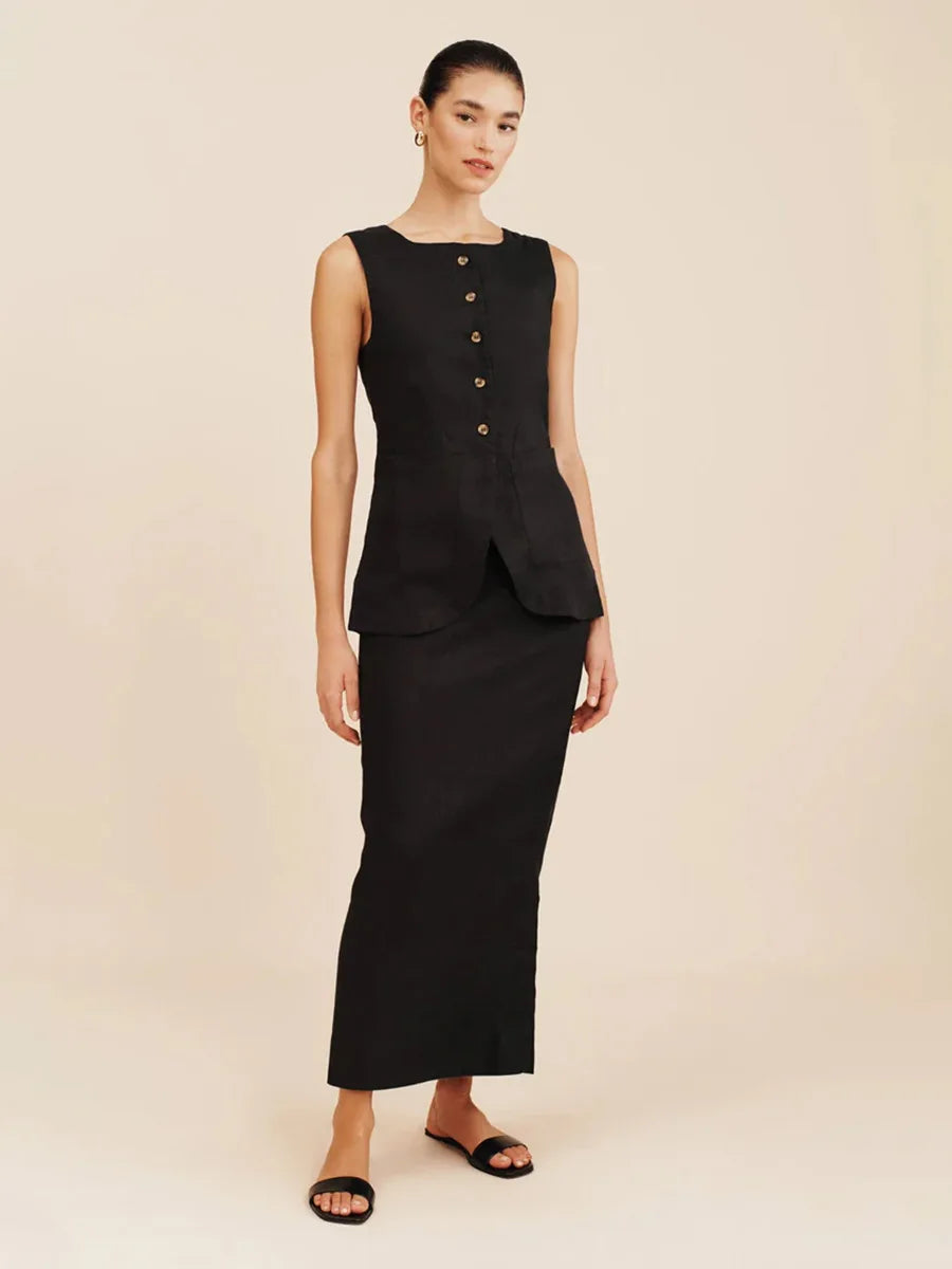 Conjunto de dos piezas en lino con chaleco sin mangas y falda recta - Favoritos By Luna